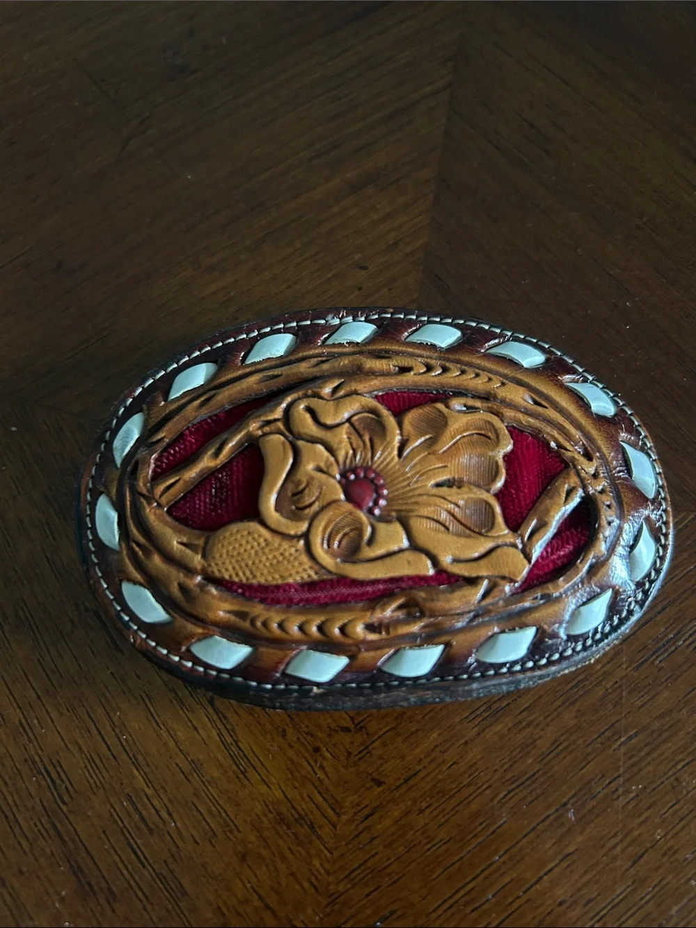 Tony Lama Hand-Tooled Floral Leather Belt Buckle in Red and Tan